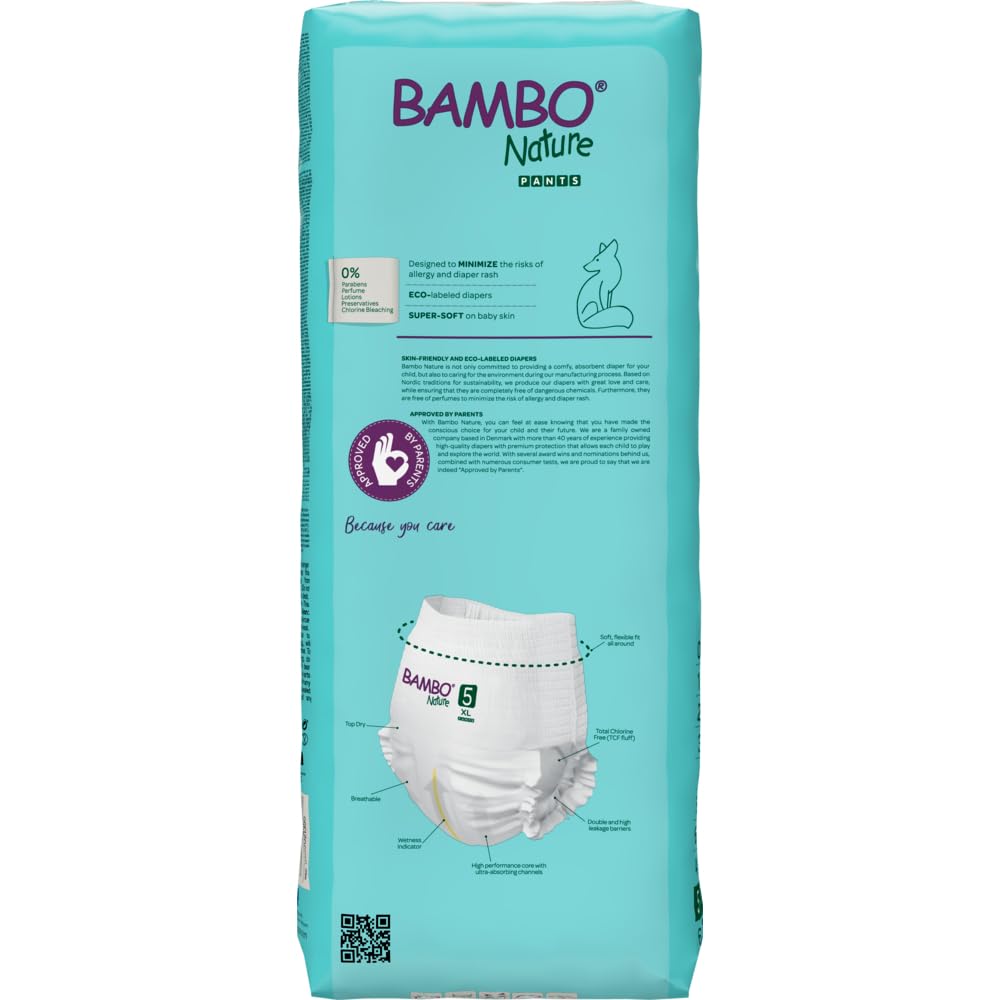 Bambo Nature Premium Baby Pants Diapers for Kids XL Size (11-17 Kgs), Super Absorbent, Breathable, Extra Soft, Dermatologically Tested Nappies, Bamboo Diaper With Wetness Indicator, 38 Count
