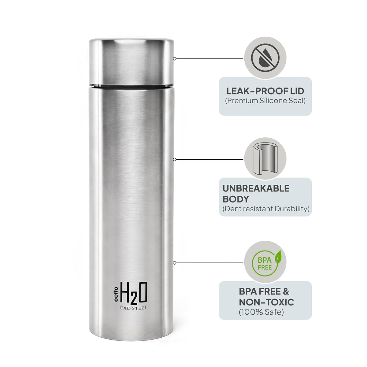 CELLO H2O Stainless Steel Water Bottle For Office & Daily Use 1000 ml, Silver | Single Wall Freezer & Fridge Safe, Lightweight & Stylish Leakproof Rustproof Steel Water Bottle For School, Gym & Travel