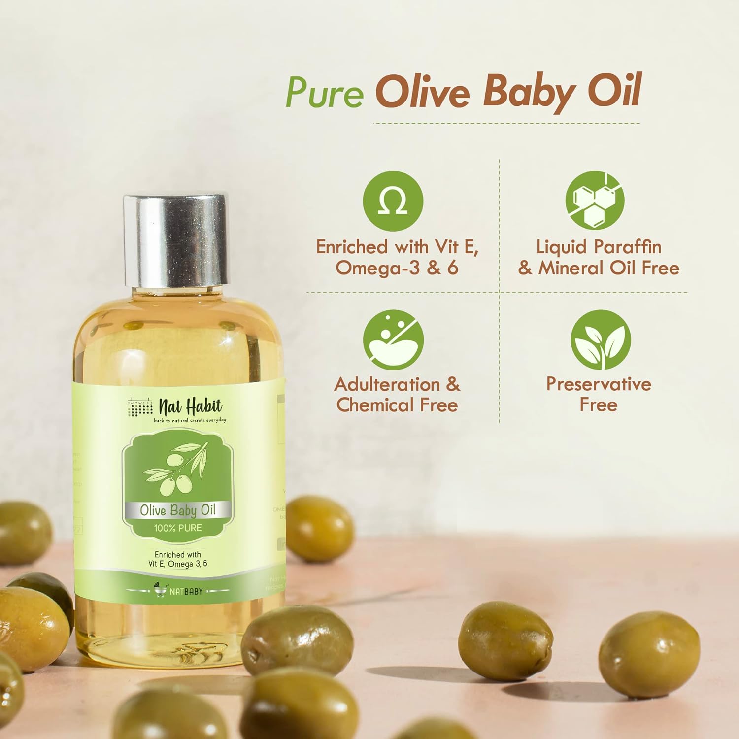 Nat Habit 100% Pure Olive Baby Oil For Baby Skin &amp; Hair,