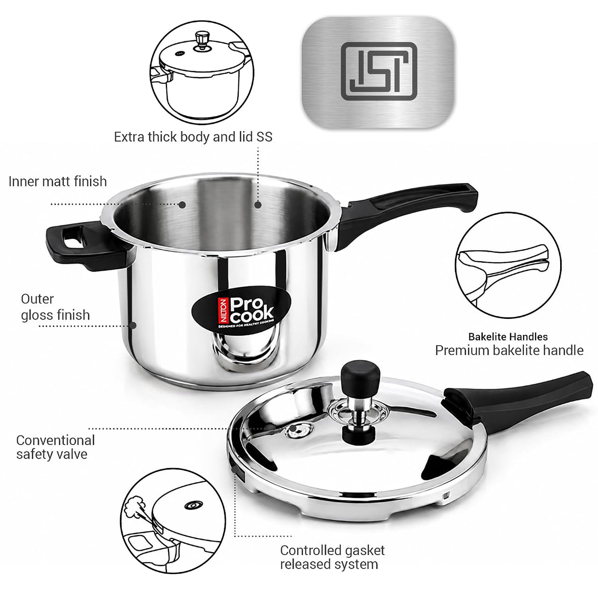 Milton Pro Cook 3-Layer Thick Triply Bottom I Induction & Gas Stove Friendly Stainless Steel Pressure Cooker Combo Set 2, 3, 5 Litre Capacity | Outer Lid | Sandwich Bottom Cookware Set | 5Y Warranty
