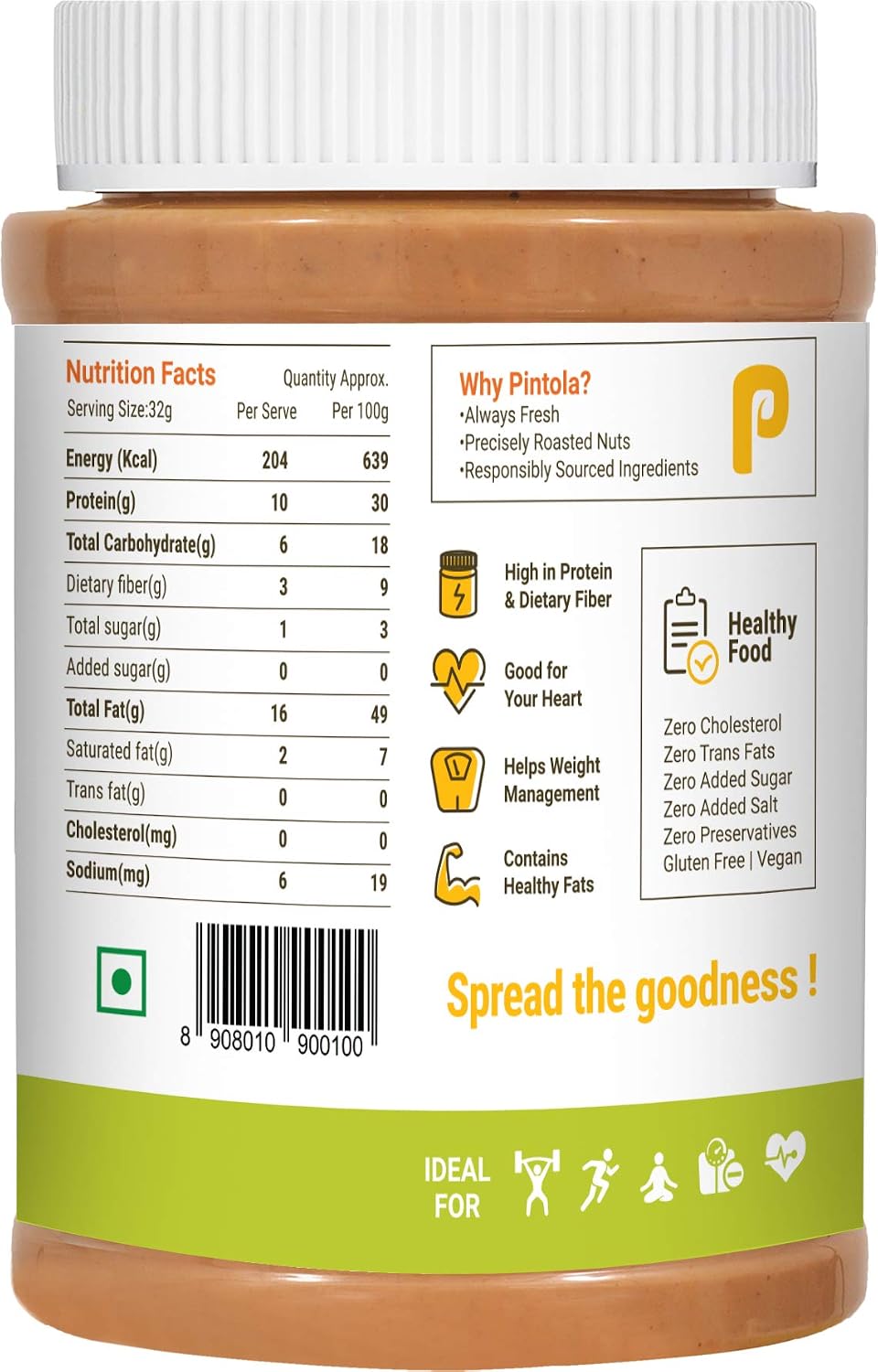 PINTOLA Organic Peanut Butter (Creamy) (1kg) (Pack of 3)