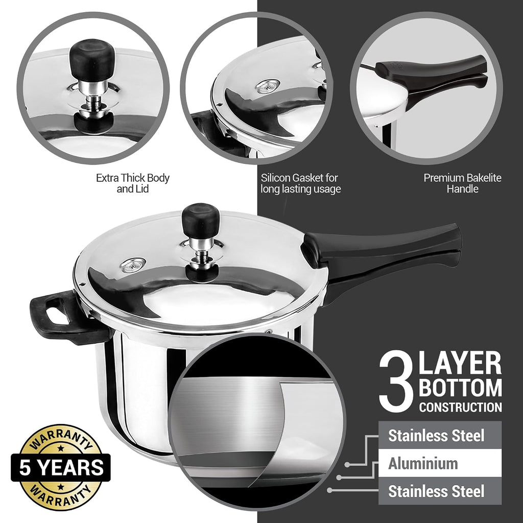 Milton Pro Cook 3-Layer Thick Triply Bottom I Induction & Gas Stove Friendly Stainless Steel Pressure Cooker Combo Set 2, 3, 5 Litre Capacity | Outer Lid | Sandwich Bottom Cookware Set | 5Y Warranty