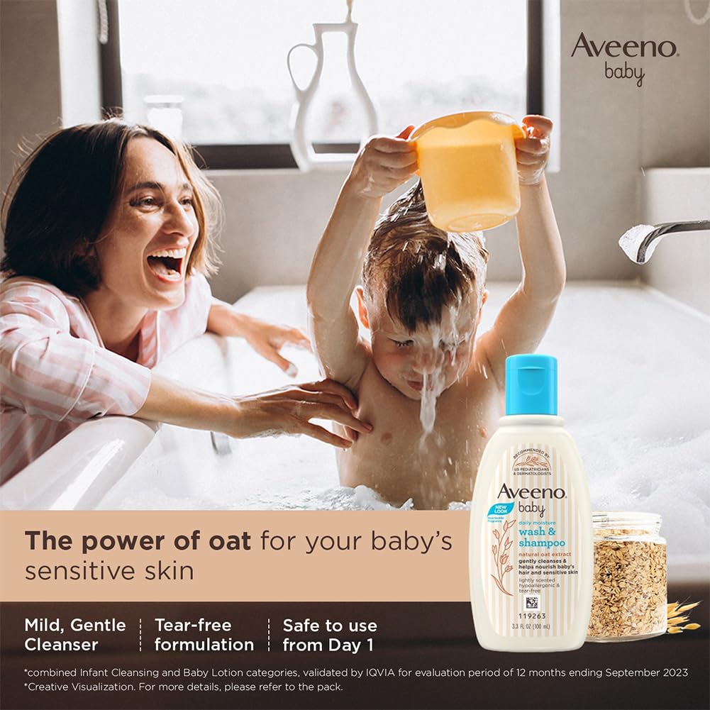 Aveeno Baby Daily Moisture Wash and Shampoo (100ml) | Cleanses hair & body | Oat kernel extract & glycerin | Tear-free, soap-free, paraben-free, hypoallergenic | US #1 Pediatrician recommended