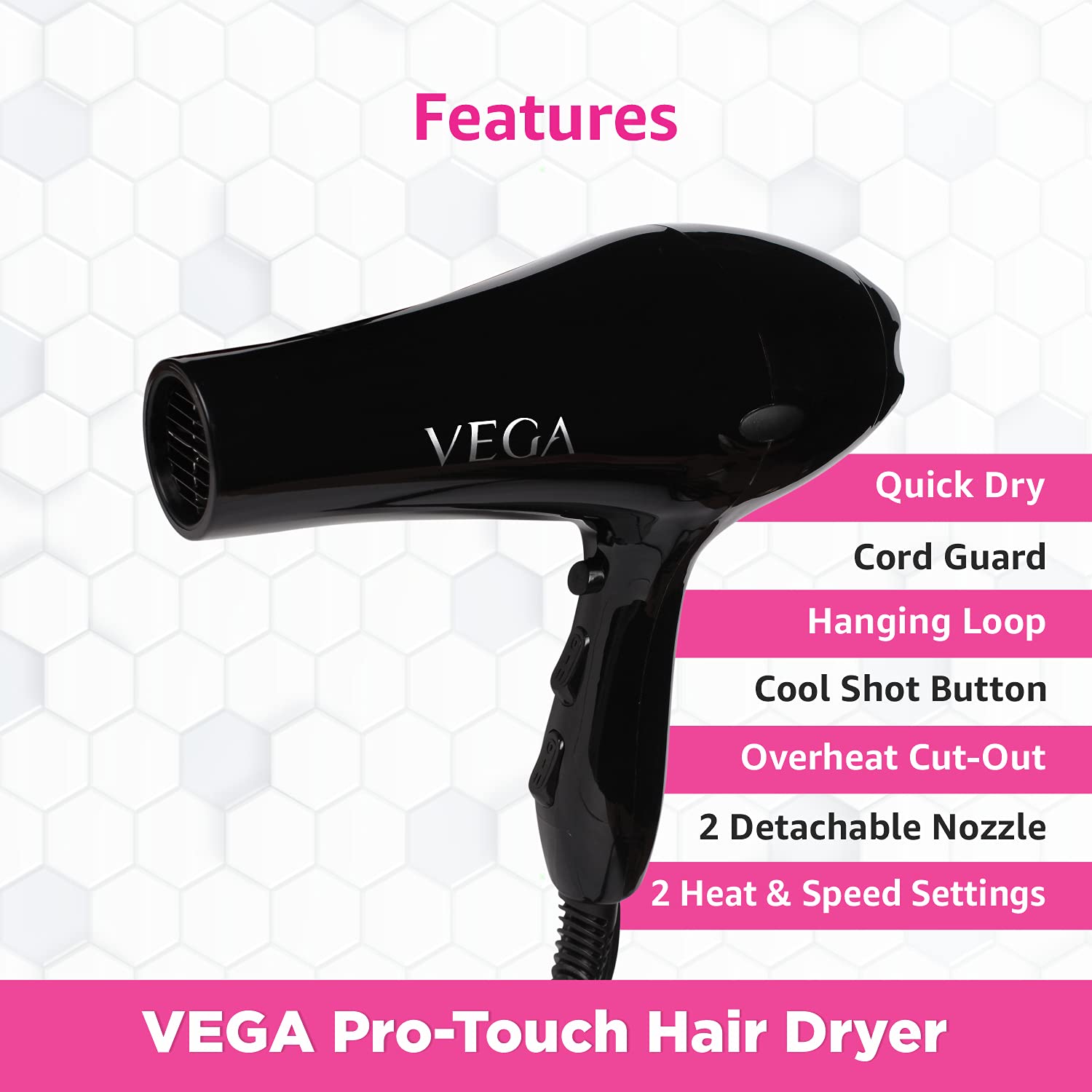 Vega Pro Touch 1800-2000 Watts Professional Hair Dryer With 2 Detachable Nozzles (Vhdp-02) Miss Dazzle Styling Set, Hair Straightener With Ceramic Coated Plates & 19 Mm Barrel Hair Curler, Black