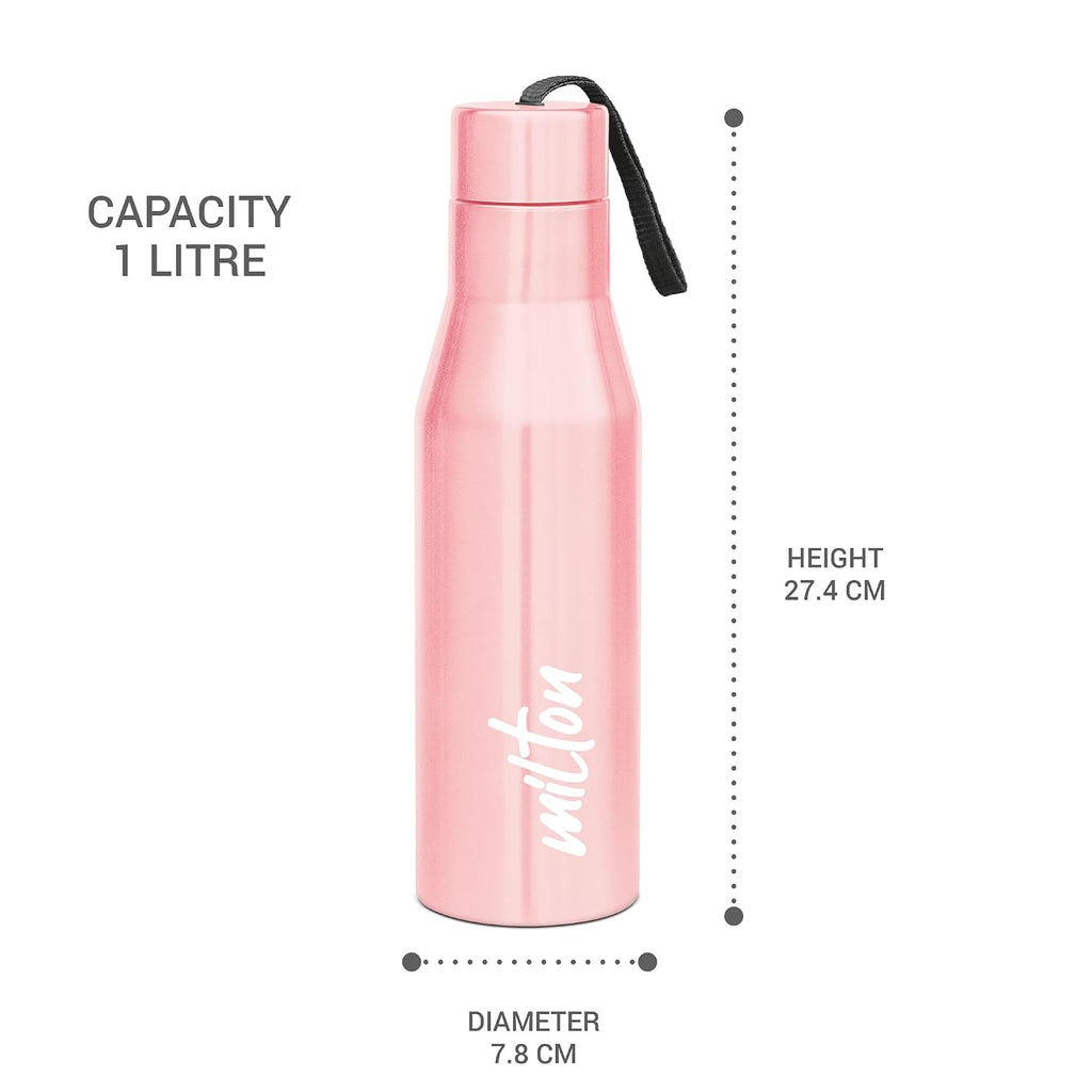 MILTON Super 1000 Stainless Steel Water Bottle 1 ltr, Single Walled, ISI Certified I Leak Proof Lid, Rust Proof I For School, Office, Gym I Light Pink