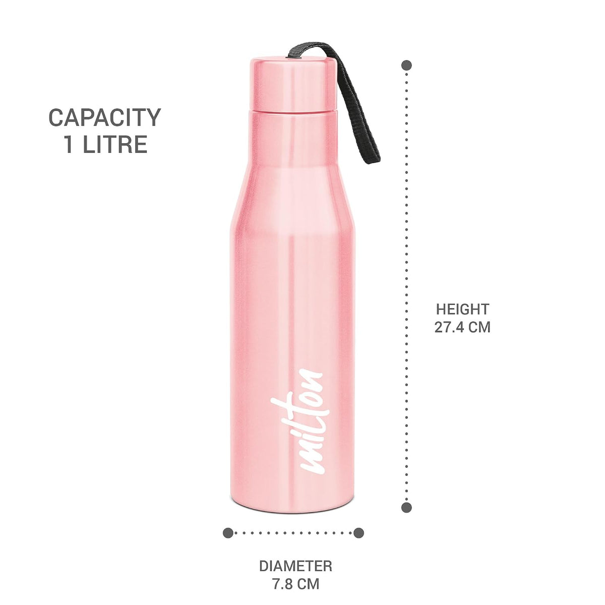 MILTON Super 1000 Stainless Steel Water Bottle 1 ltr, Single Walled, ISI Certified I Leak Proof Lid, Rust Proof I For School, Office, Gym I Light Pink