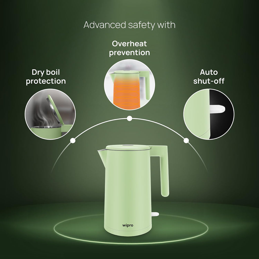 wipro ABS Elato BK211 Cool Touch Double Layer Electric Kettle, 1.7 Litres, Anti-Rust Shield, Super Fast Heating, 3X Protection-Overheating, Dry Boil & Auto Shut-Off,1200 Watts, 2 Years Warranty, Green