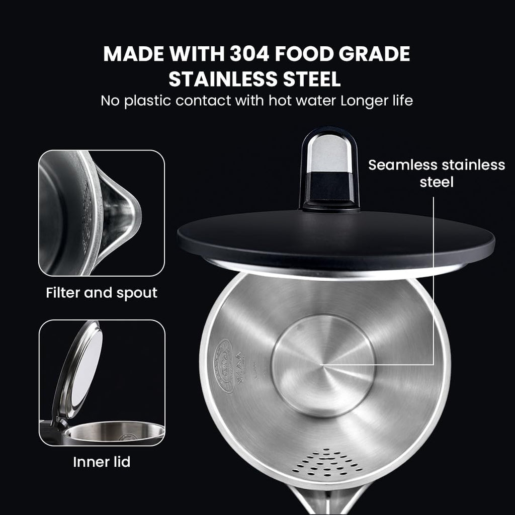 Sujata 1380 W Electric Kettle EK01 1.5 Litre | Strix Controller | Cool Touch | 3 Way Auto Shut Off | Stainless Steel | Double Wall Cool Touch | 360 Degree base | Black