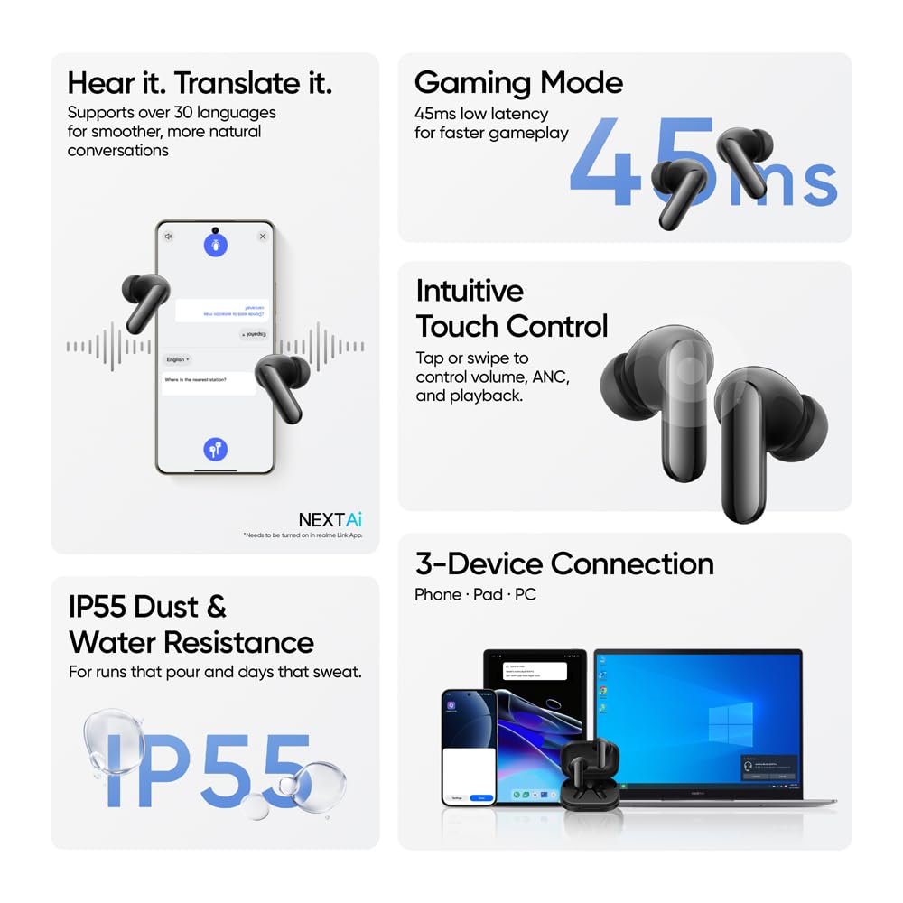 realme Buds Air 8 Pro TWS Earbuds with 11mm+6mm Dual DAC Drivers| 55dB ANC| 6-Mic VPU| 3D Spatial Audio |50H Playtime| IP55 Rating (Master Black)