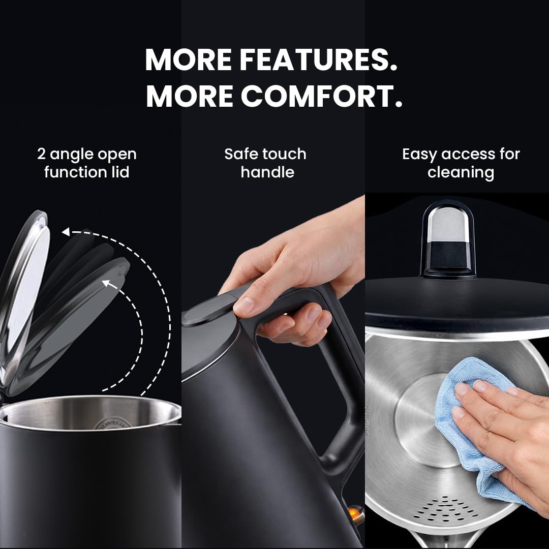 Sujata 1380 W Electric Kettle EK01 1.5 Litre | Strix Controller | Cool Touch | 3 Way Auto Shut Off | Stainless Steel | Double Wall Cool Touch | 360 Degree base | Black