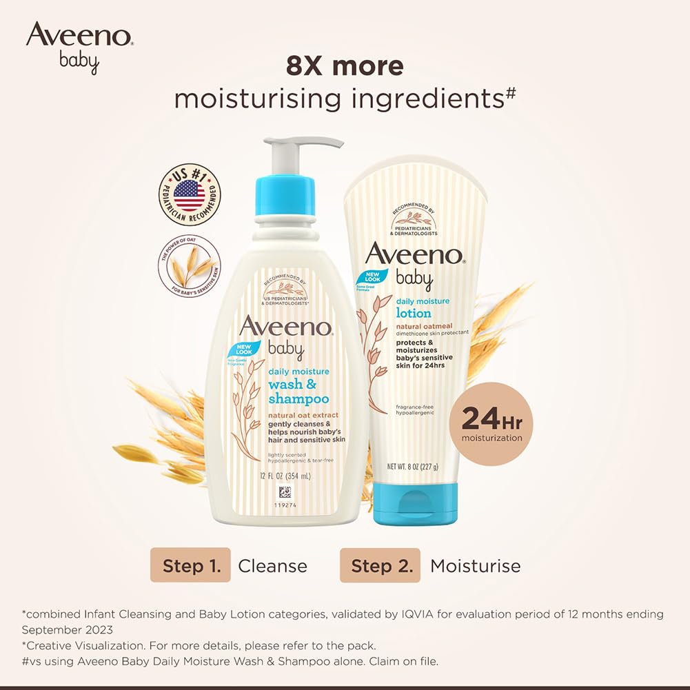 Aveeno Baby Daily Moisture Wash and Shampoo (100ml) | Cleanses hair & body | Oat kernel extract & glycerin | Tear-free, soap-free, paraben-free, hypoallergenic | US #1 Pediatrician recommended