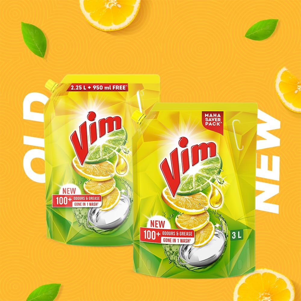 Vim Dishwash Liquid 3 L pouch | Removes 100+ Odours & Grease in 1 wash | With the power of 100 Lemons
