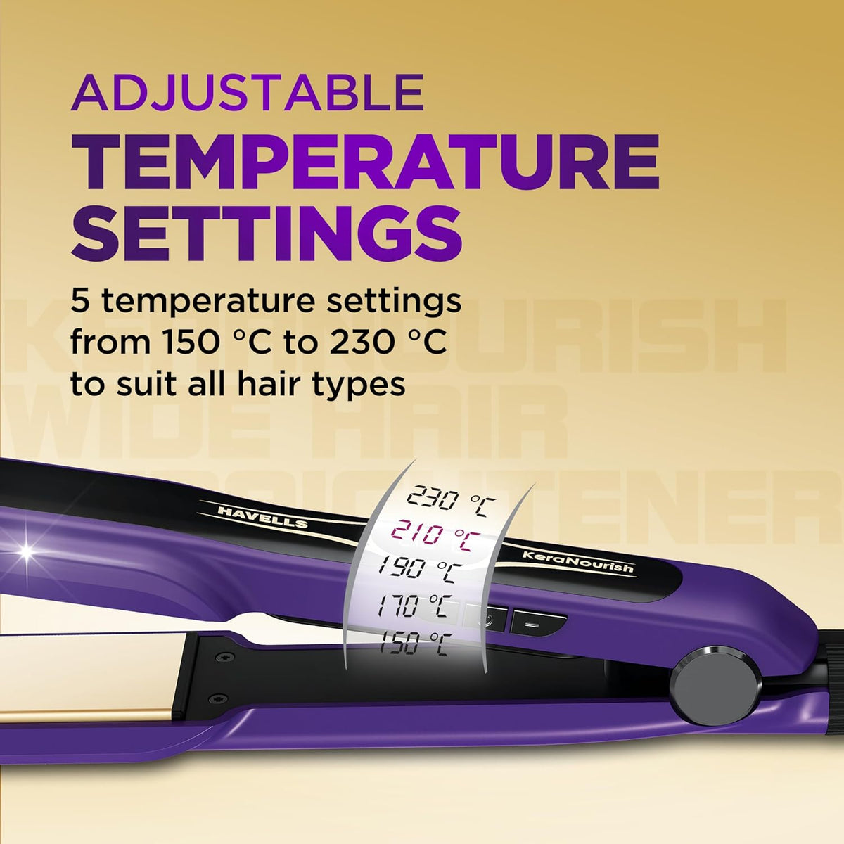 Havells Wide Hair Straightener|KeraNourish| 5 Adjustable Temperature Settings| Digital Display|For All Hair Types|Worldwide Voltage|HS4222