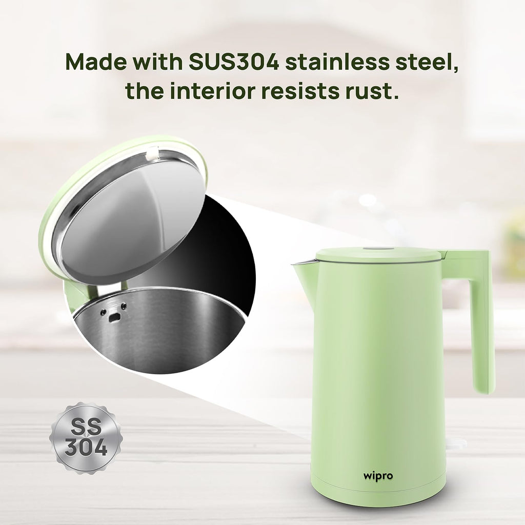 wipro ABS Elato BK211 Cool Touch Double Layer Electric Kettle, 1.7 Litres, Anti-Rust Shield, Super Fast Heating, 3X Protection-Overheating, Dry Boil & Auto Shut-Off,1200 Watts, 2 Years Warranty, Green
