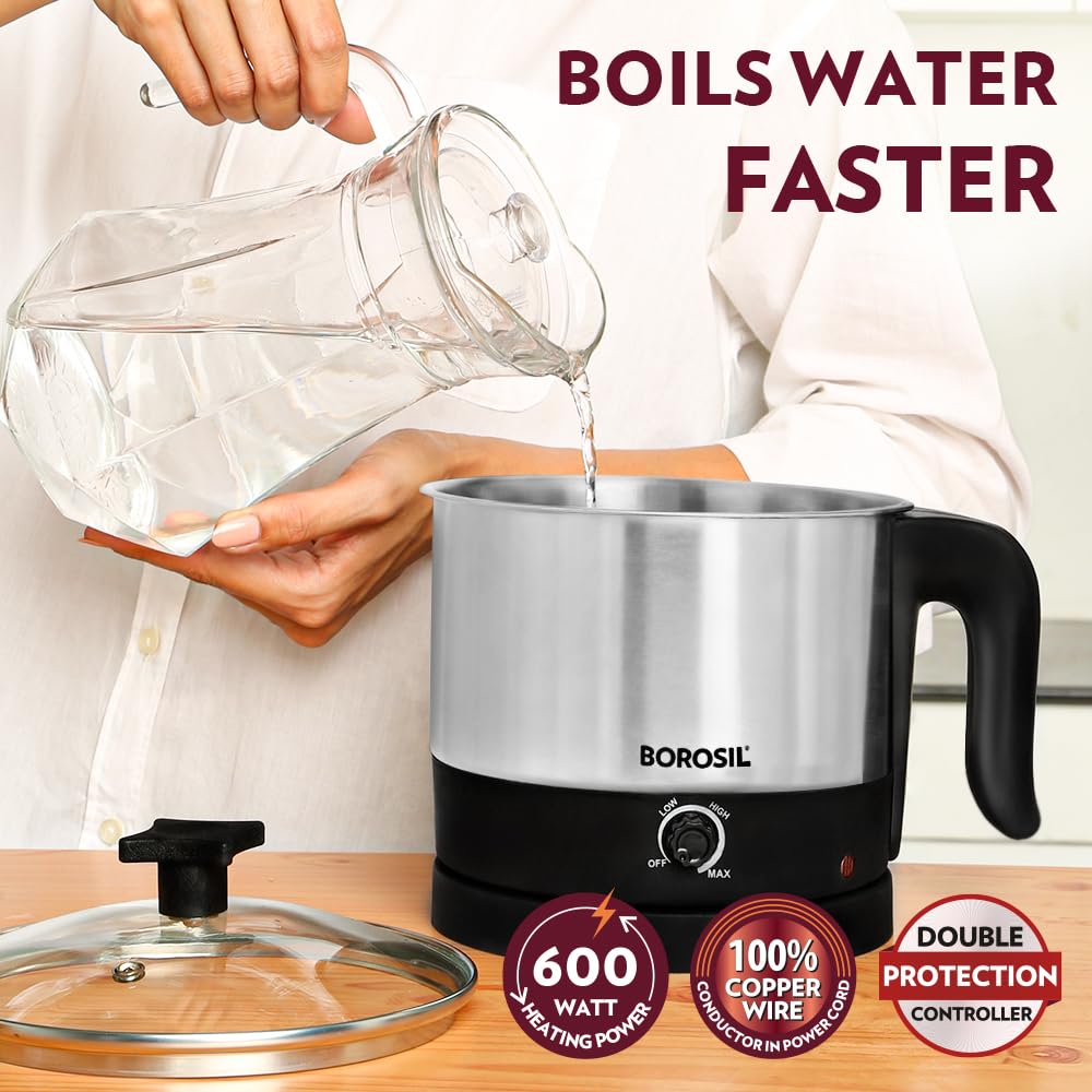 Borosil 1 L Omni Stainless Steel Electric Kettle | Made in India | Temperature Control Knob, Overheat Protection | 360° Rotating Base | Auto Cut-Off | 1 Year Warranty