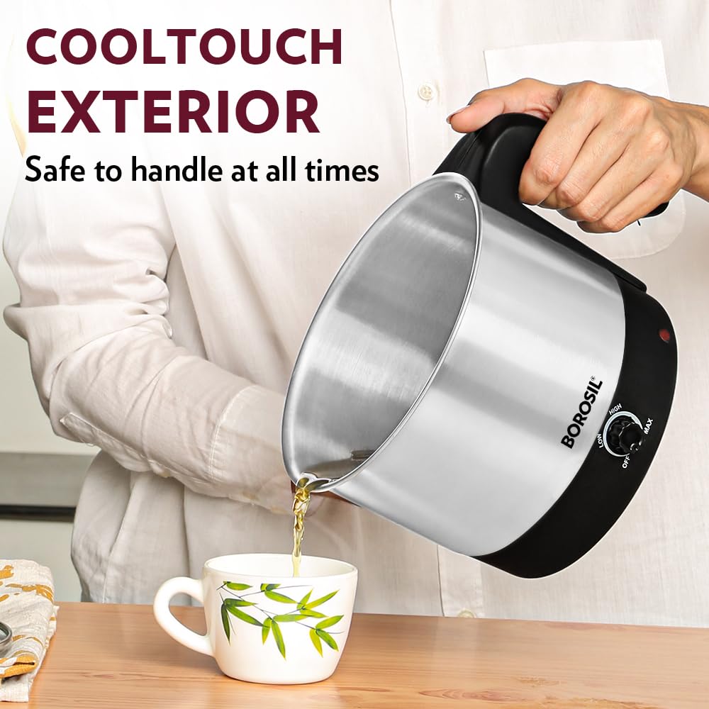 Borosil 1 L Omni Stainless Steel Electric Kettle | Made in India | Temperature Control Knob, Overheat Protection | 360° Rotating Base | Auto Cut-Off | 1 Year Warranty
