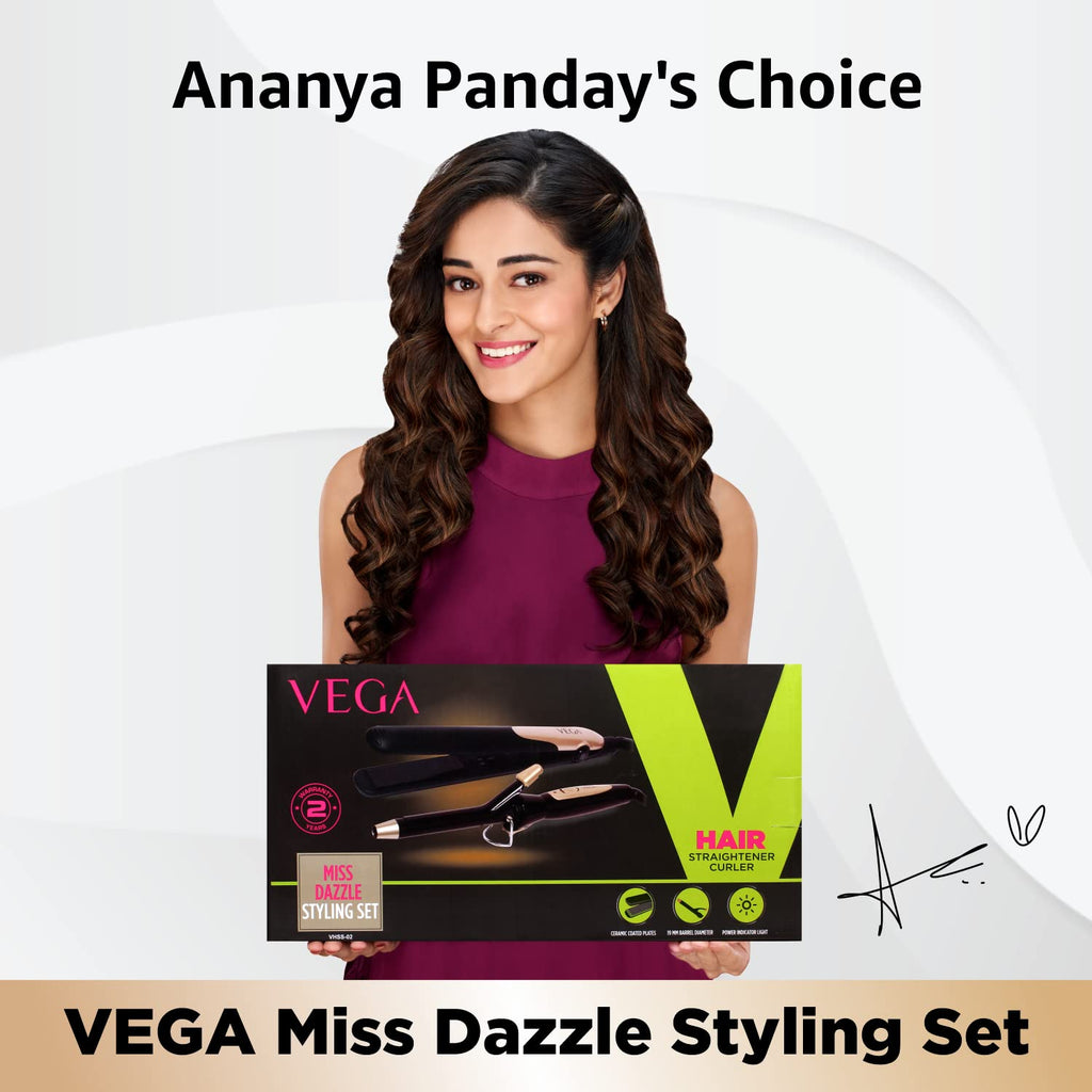 Vega Pro Touch 1800-2000 Watts Professional Hair Dryer With 2 Detachable Nozzles (Vhdp-02) Miss Dazzle Styling Set, Hair Straightener With Ceramic Coated Plates & 19 Mm Barrel Hair Curler, Black