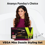 Vega Pro Touch 1800-2000 Watts Professional Hair Dryer With 2 Detachable Nozzles (Vhdp-02) Miss Dazzle Styling Set, Hair Straightener With Ceramic Coated Plates & 19 Mm Barrel Hair Curler, Black
