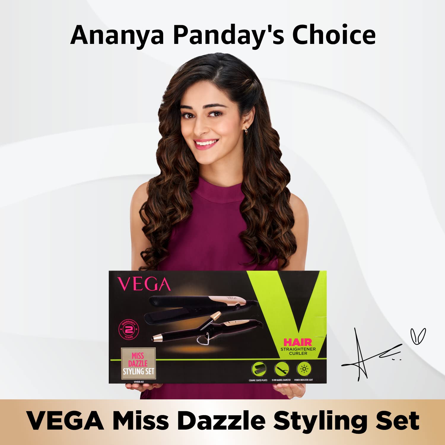 Vega Pro Touch 1800-2000 Watts Professional Hair Dryer With 2 Detachable Nozzles (Vhdp-02) Miss Dazzle Styling Set, Hair Straightener With Ceramic Coated Plates & 19 Mm Barrel Hair Curler, Black