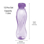 MILTON Oscar 1000 Pet Water Bottles, 1 Litre Each, Set of 12, Purple Reusable Plastic Fridge Bottle Set, BPA Free and Leak Proof Bottles for Travel, Work