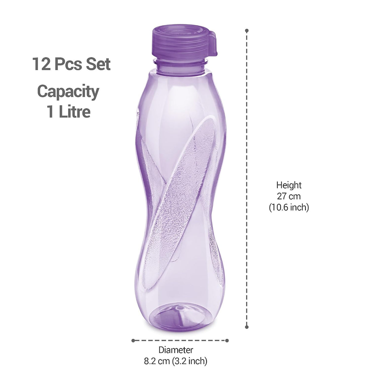 MILTON Oscar 1000 Pet Water Bottles, 1 Litre Each, Set of 12, Purple Reusable Plastic Fridge Bottle Set, BPA Free and Leak Proof Bottles for Travel, Work