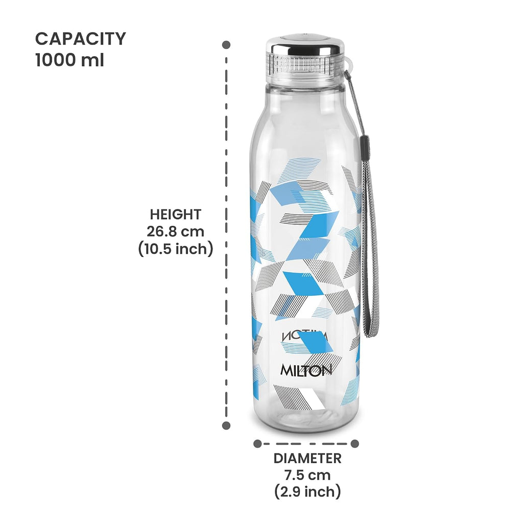 MILTON Helix 1000 Water Bottle, 1 Litre, Reusable Plastic Fridge Bottle, BPA Free and Leak Proof Bottles for Travel, Work, Pack of 1, Blue