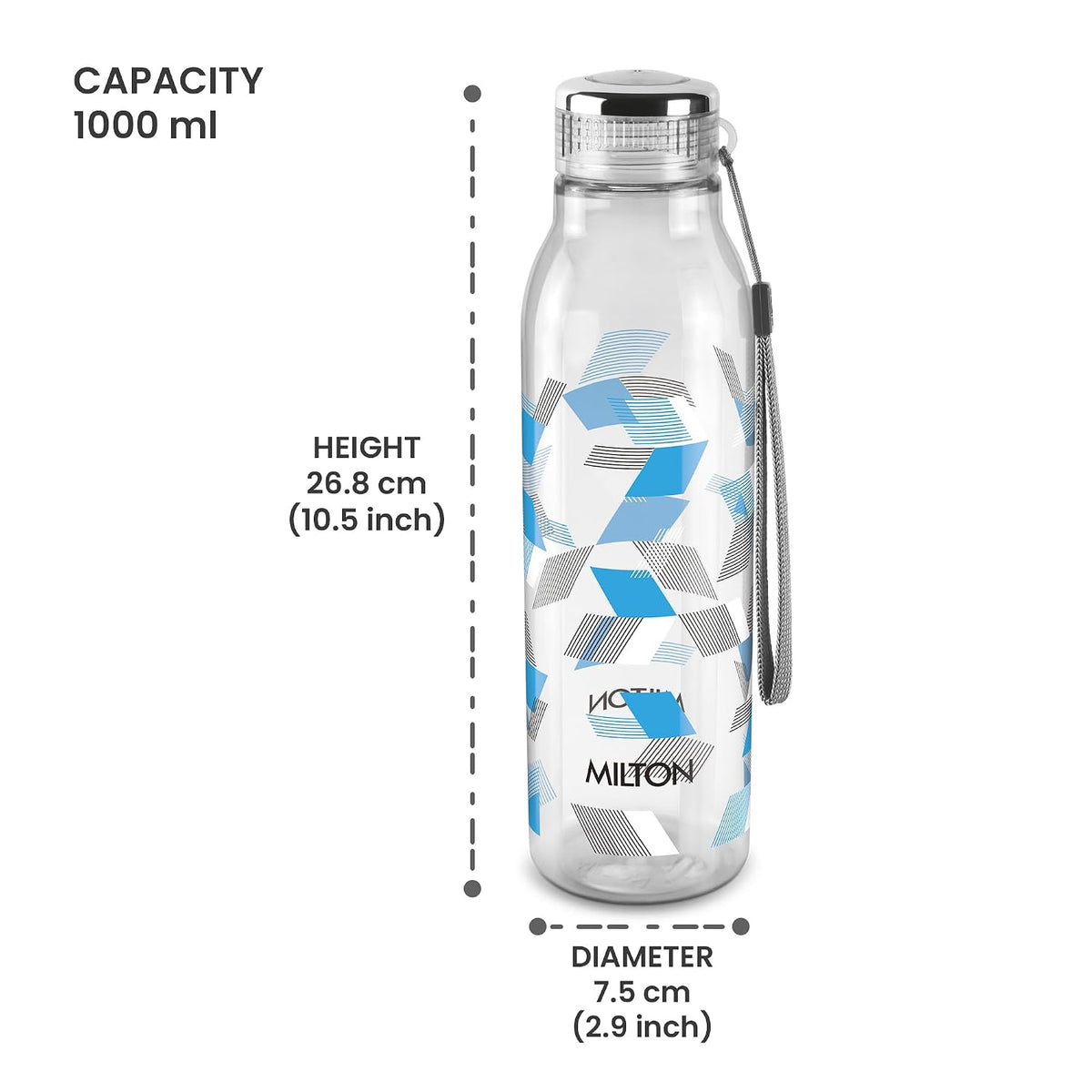 MILTON Helix 1000 Water Bottle, 1 Litre, Reusable Plastic Fridge Bottle, BPA Free and Leak Proof Bottles for Travel, Work, Pack of 1, Blue