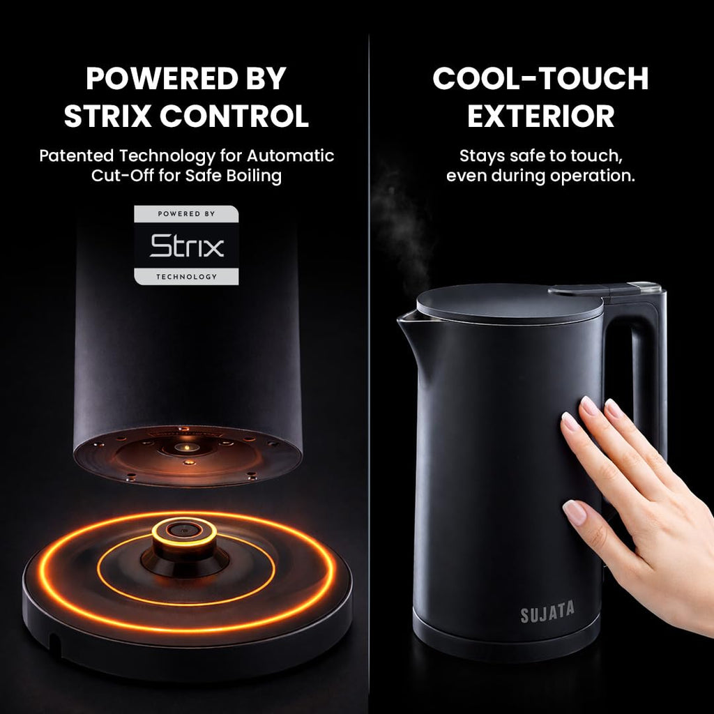 Sujata 1380 W Electric Kettle EK01 1.5 Litre | Strix Controller | Cool Touch | 3 Way Auto Shut Off | Stainless Steel | Double Wall Cool Touch | 360 Degree base | Black