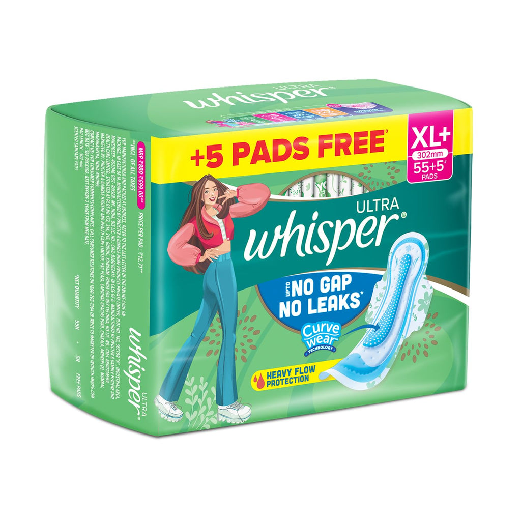 Whisper Ultra Clean Sanitary Pads for Women, XL Plus, Pack of 60 Napkins