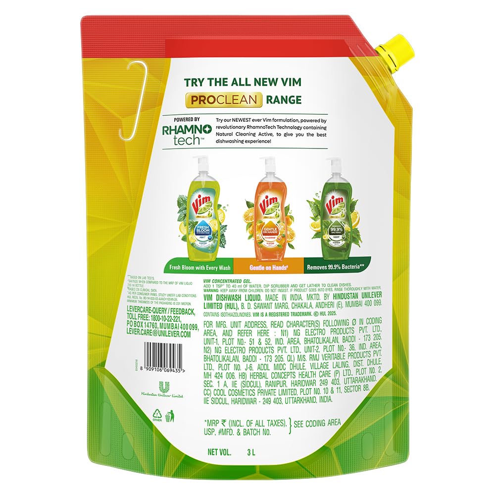Vim Dishwash Liquid 3 L pouch | Removes 100+ Odours & Grease in 1 wash | With the power of 100 Lemons
