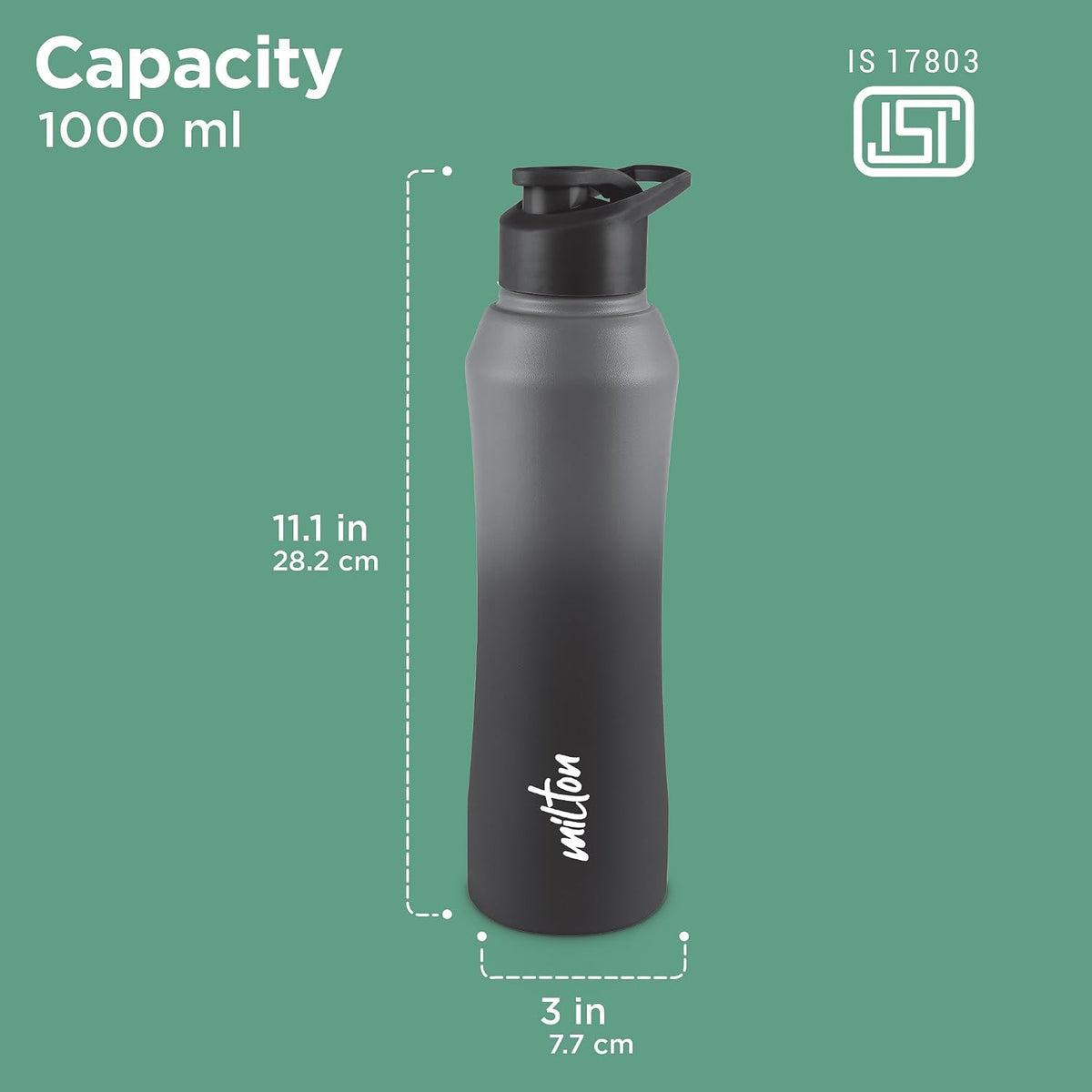 MILTON Comet 1000 ISI Certified Stainless Steel Water Bottle I Leak Proof I Rust proof I Single Walled I Ideal for Office, School, Home, Gym, 1000 ml,Black & Grey