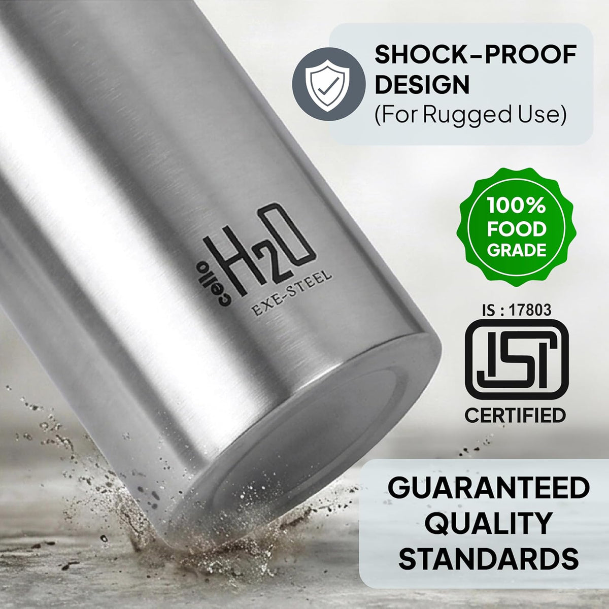 CELLO H2O Stainless Steel Water Bottle For Office & Daily Use 1000 ml, Silver | Single Wall Freezer & Fridge Safe, Lightweight & Stylish Leakproof Rustproof Steel Water Bottle For School, Gym & Travel