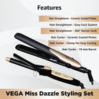 Vega Pro Touch 1800-2000 Watts Professional Hair Dryer With 2 Detachable Nozzles (Vhdp-02) Miss Dazzle Styling Set, Hair Straightener With Ceramic Coated Plates & 19 Mm Barrel Hair Curler, Black