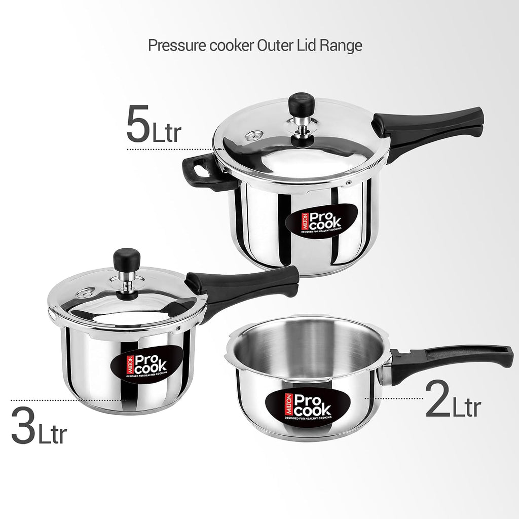 Milton Pro Cook 3-Layer Thick Triply Bottom I Induction & Gas Stove Friendly Stainless Steel Pressure Cooker Combo Set 2, 3, 5 Litre Capacity | Outer Lid | Sandwich Bottom Cookware Set | 5Y Warranty