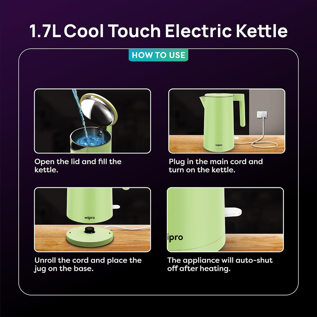 wipro ABS Elato BK211 Cool Touch Double Layer Electric Kettle, 1.7 Litres, Anti-Rust Shield, Super Fast Heating, 3X Protection-Overheating, Dry Boil & Auto Shut-Off,1200 Watts, 2 Years Warranty, Green