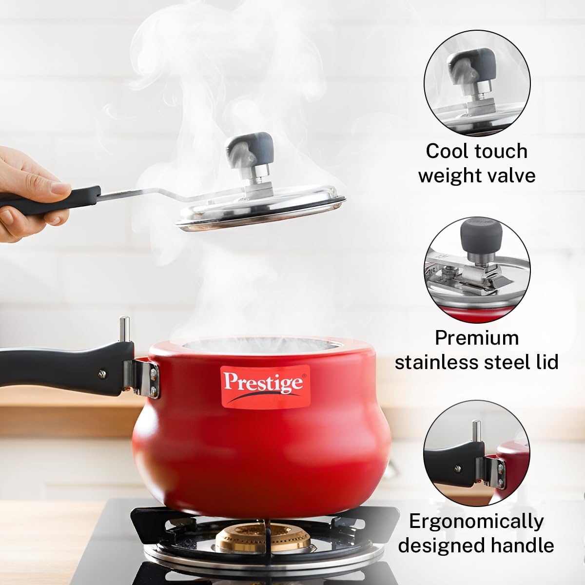 Prestige 2L Nakshatra DUO Plus Svachh Inner Lid Aluminium Handi|Ideal for 2-3 persons|Deep lid for Spillage Control|Gas or induction compatible|Red|5 years warranty