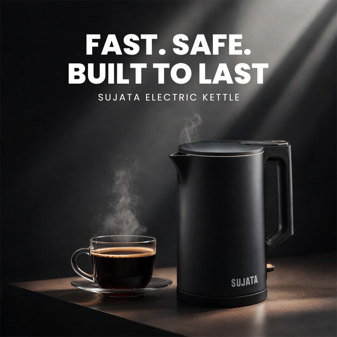 Sujata 1380 W Electric Kettle EK01 1.5 Litre | Strix Controller | Cool Touch | 3 Way Auto Shut Off | Stainless Steel | Double Wall Cool Touch | 360 Degree base | Black