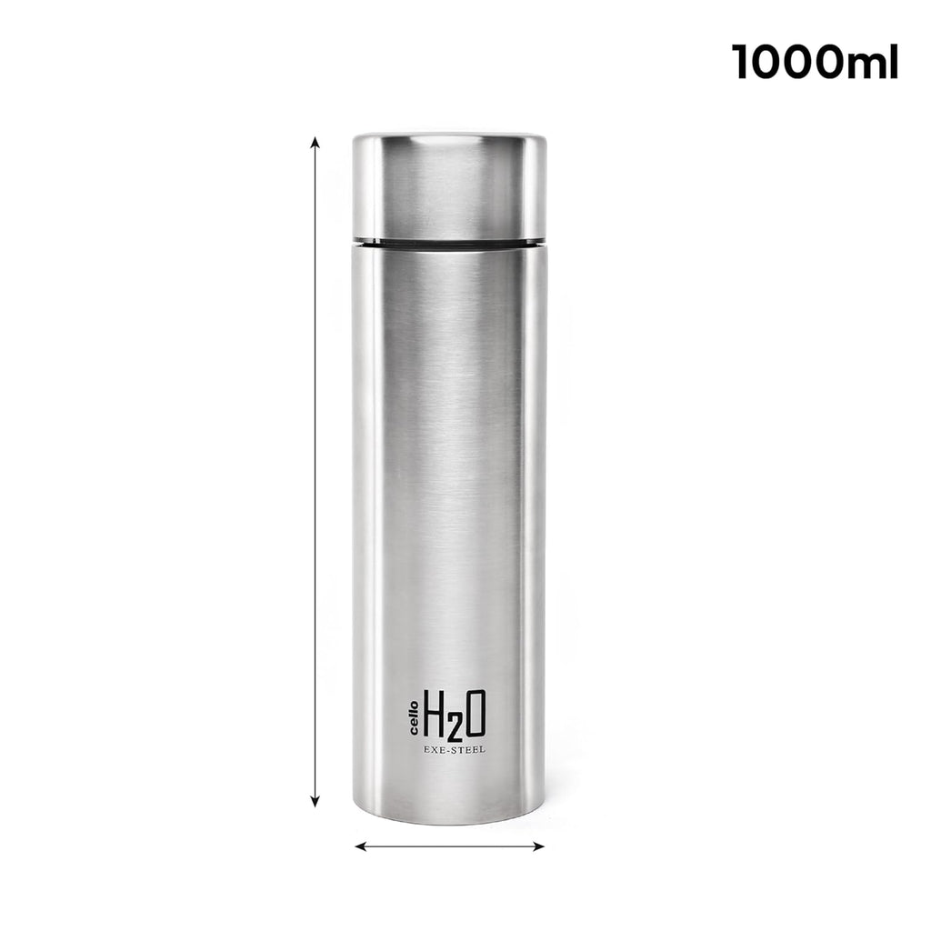 CELLO H2O Stainless Steel Water Bottle For Office & Daily Use 1000 ml, Silver | Single Wall Freezer & Fridge Safe, Lightweight & Stylish Leakproof Rustproof Steel Water Bottle For School, Gym & Travel