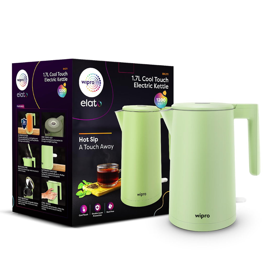 wipro ABS Elato BK211 Cool Touch Double Layer Electric Kettle, 1.7 Litres, Anti-Rust Shield, Super Fast Heating, 3X Protection-Overheating, Dry Boil & Auto Shut-Off,1200 Watts, 2 Years Warranty, Green