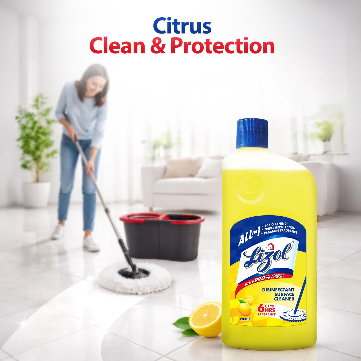 Lizol Disinfectant Surface & Floor Cleaner Liquid, Citrus - 1 Litre | Suitable For All Floor Cleaner Mops | Kills 99.9% Germs| India'S #1 Floor...