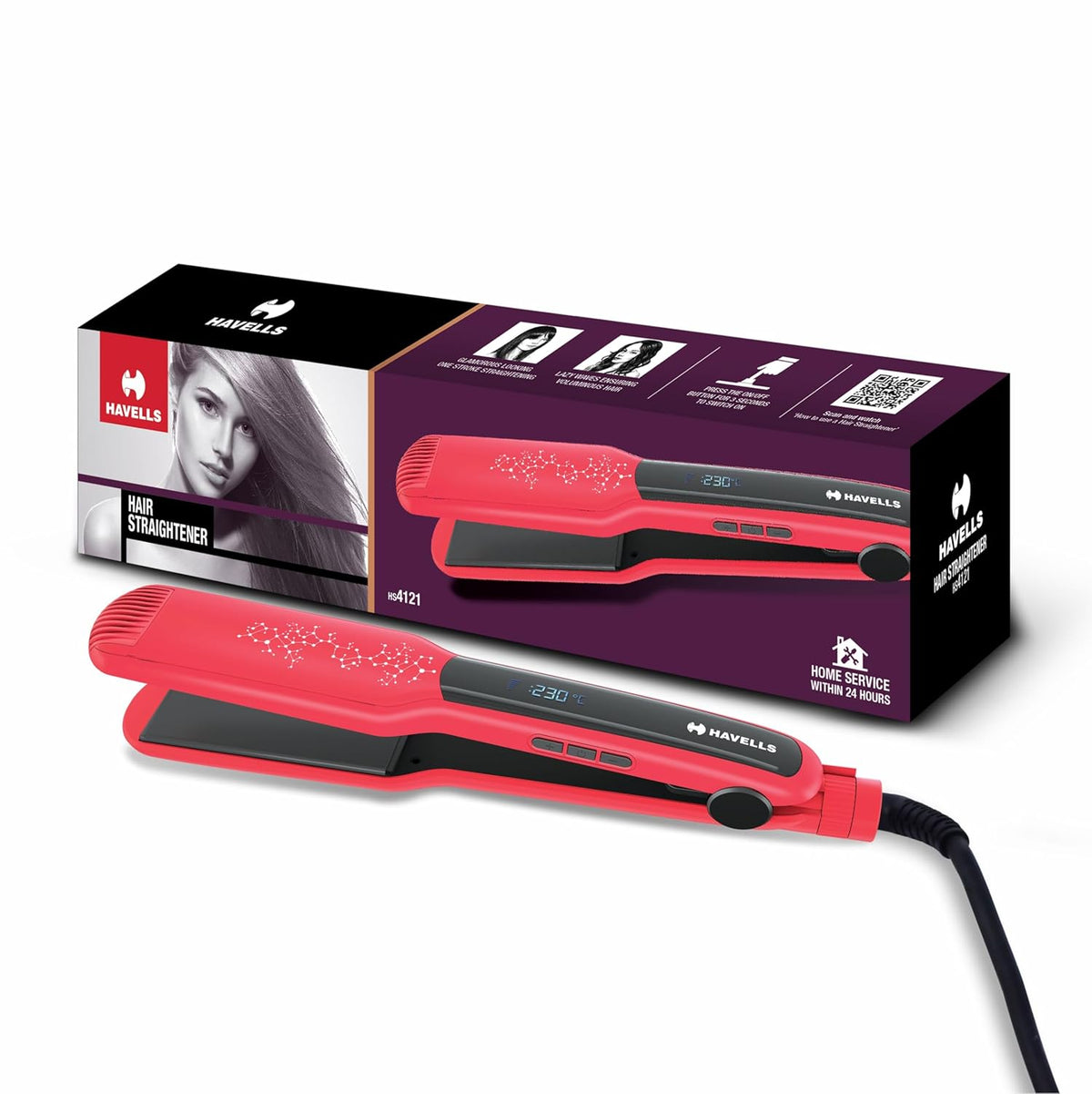 Havells HS4121 Wide Plate Hair Straightener | 5 temperature settings | Digital Display | Instant Heating Technology| For all hair types| Worldwide Voltage Compatible| 2 Year Brand Guarantee