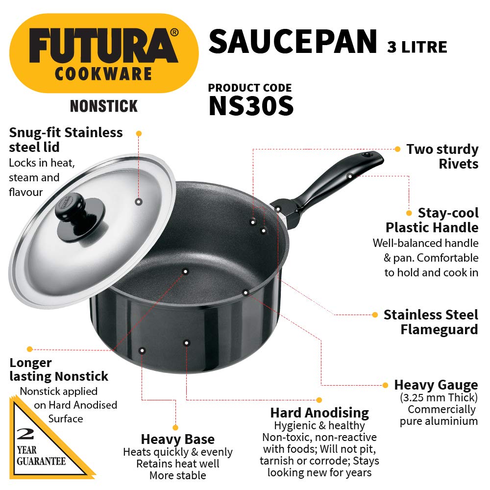 Hawkins Futura 3 Litre Saucepan, Non Stick Sauce Pan with Stainless Steel Lid, Small Sauce Pan, Black (NS30S)