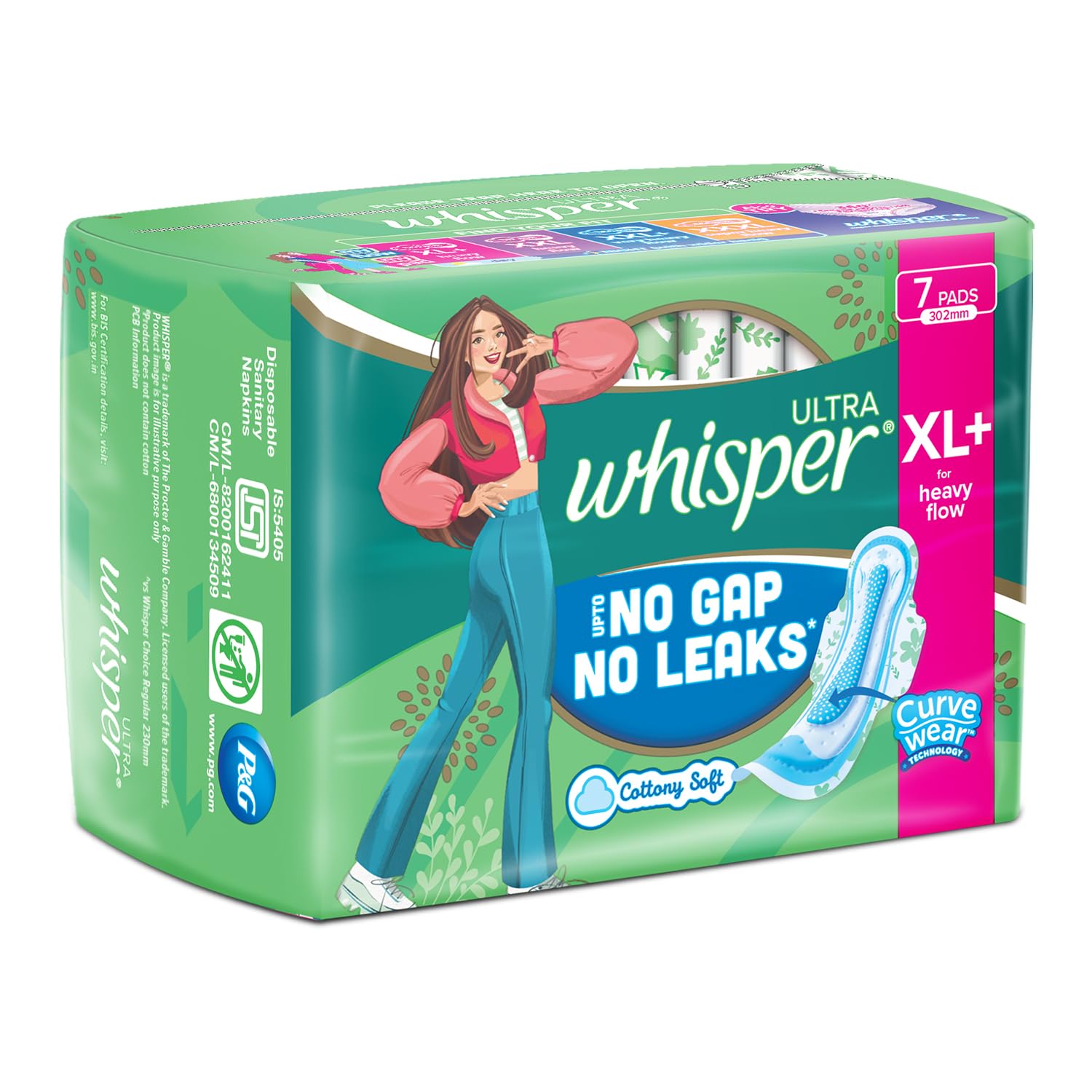Whisper Ultra Upto No Gap No Leaks* Sanitary Pads, 7 XL+ Pads