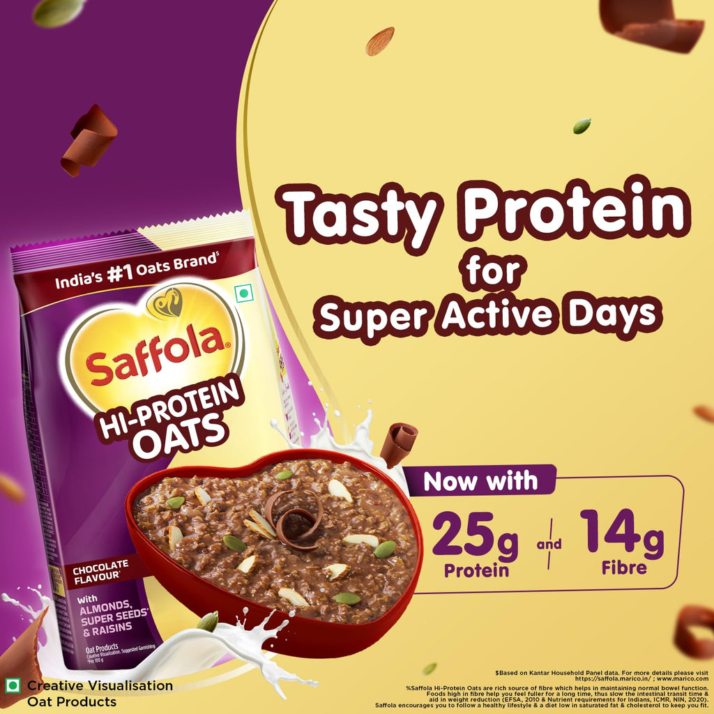 Saffola 25g High Protein Oats | 14g High Fibre | 400g | Chocolate flavour | No Refined Sugar | With Almonds, Raisin, Pumpkin and Chia Seeds | Rolled Oats for Weight management & Muscle gain