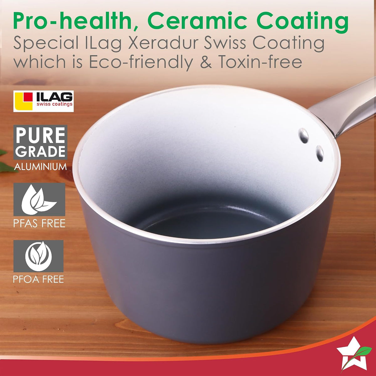 Wonderchef Eco-Glide Saucepan | Chemical-Free Ceramic Coating | 16cm, 1.75L | Healthy, Low Oil Meals | Scratch-Resistant | Stainless-Steel Handle | Gas & Induction Compatible | Grey | Easy to Clean