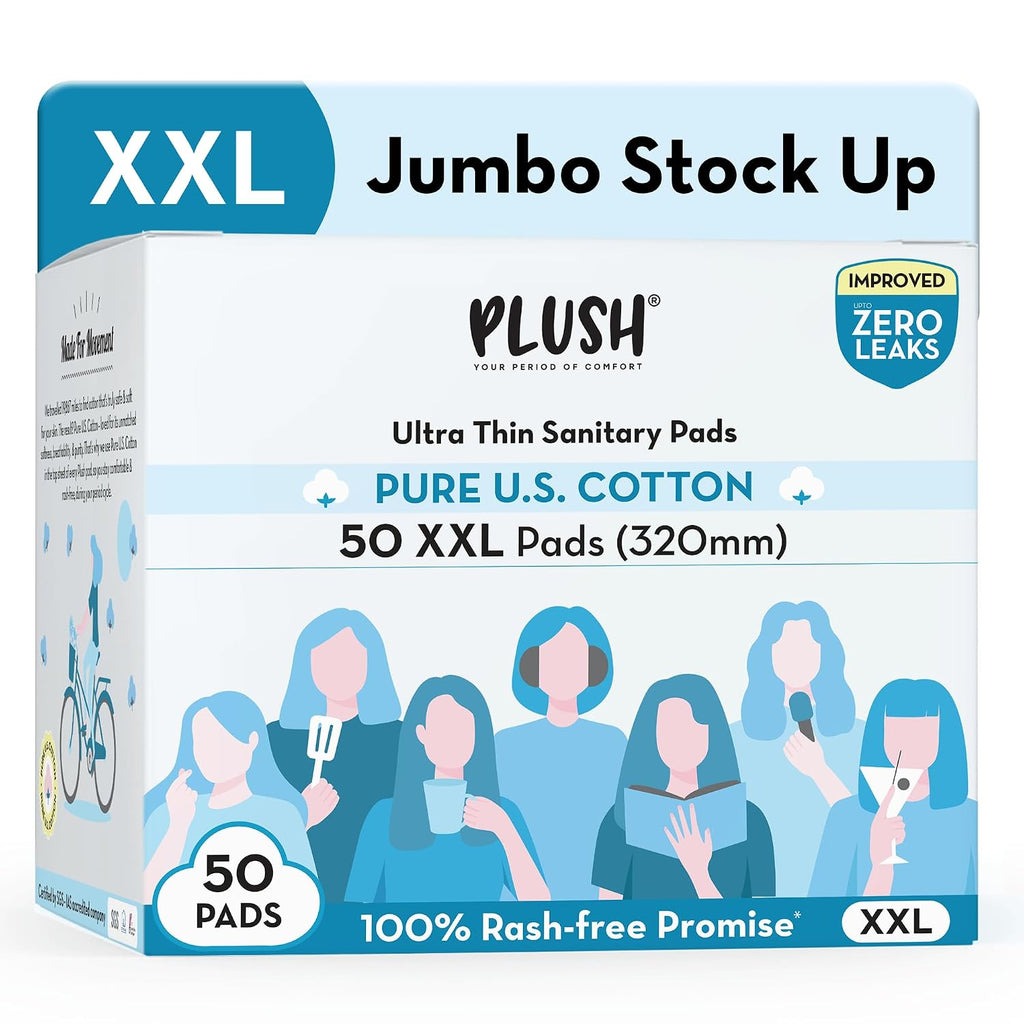 Plush Ultra-Thin XXL Sanitary Pads for Women 50 Pcs | Super Absorbent Heavy Flow 320mm Sanitary Napkins| 100% Rash-Free | Pure U.S. Cotton XXL Pads