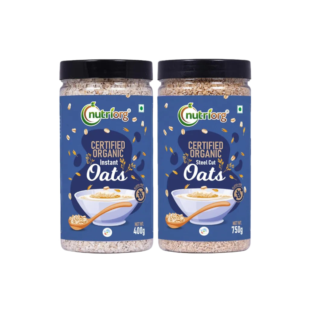 Nutriorg Organic Instant 400g & Steel Cuts Oats 750g (Combo of 2), Gluten Free, Weight Management, Fiber Rich Oats