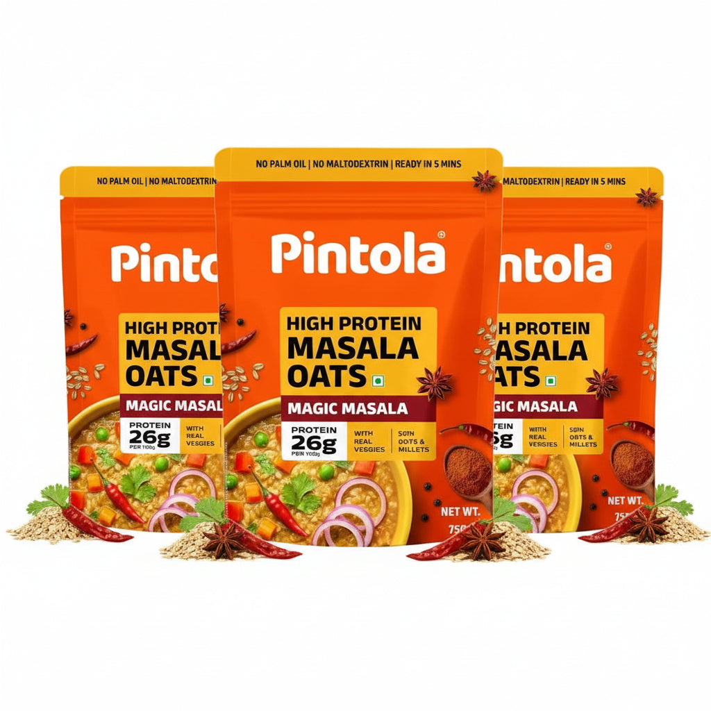 Pintola 26g High Protein Masala Oats 750g, Magic Masala, Breakfast Cereal with High Fiber & Veggies, No Palm Oil, No Preservatives, 5 min Healthy Snack, Helps Manage Weight, Gym Endurance & Gut Friendly