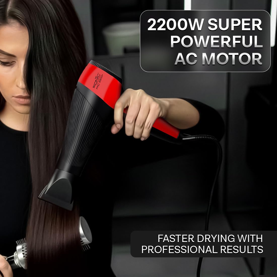 Ikonic Pro 2200+ Hair Dryer, 2200W Powerful AC Motor, Ionic Technology, 2 Speed & 3 Heat Setting, Cool Shot, Low Noise, Hair Diffuser & Nozzle, For Women & Men, All Hair Type (Black & Red)