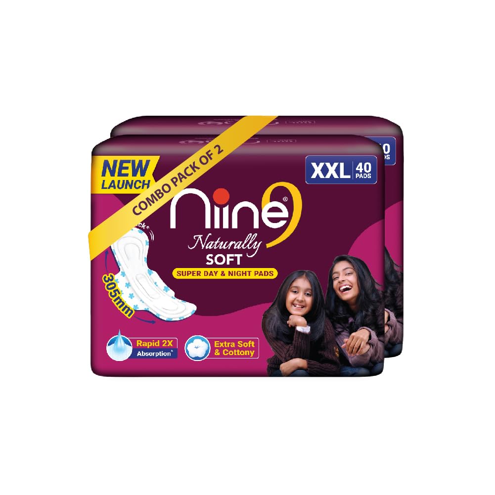 Niine Naturally Soft XXL Extra Soft & Cottony Sanitary Pads for Women | 305mm Long | 80 Pads, Pack of 2